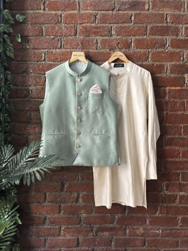 Creme Kurta and Pant with Sage Green Raw Silk Vest Black Thread Co Creme Kurta and Pant with Sage Green Raw Silk Vest Black Thread Co