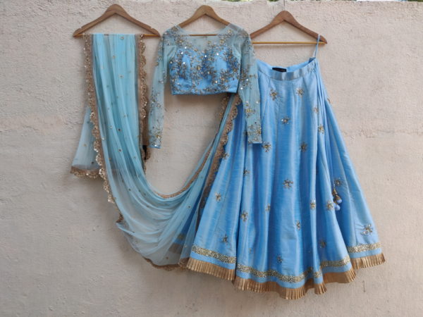 Powder Blue Mirror and Thread Embroidered Lehenga Set Black Thread Co Powder Blue Mirror and Thread Embroidered Lehenga Set Black Thread Co