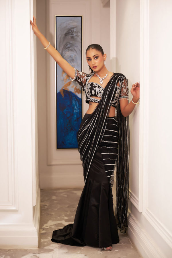 Lana Fishtail Lehenga Saree Set Black Thread Co