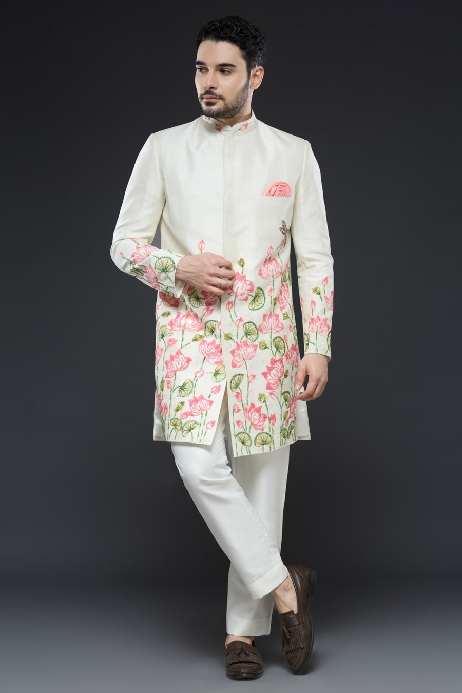 Creme Kurta and Pant with Sage Green Raw Silk Vest Black Thread Co 3