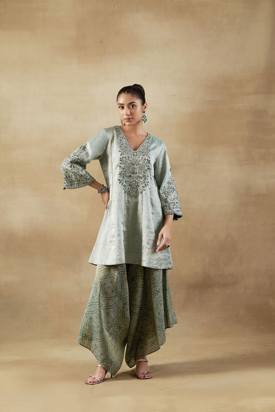 Bandhani Tissue Embroidered Kaftan with Silk Pants Black Thread Co 3