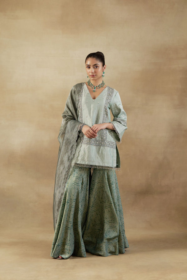 Short Shirt in Tissue with Bandhani Tissue Garara and Striped Chanderi Banarasi Dupatta Black Thread Co Short Shirt in Tissue with Bandhani Tissue Garara and Striped Chanderi Banarasi Dupatta Black Thread Co