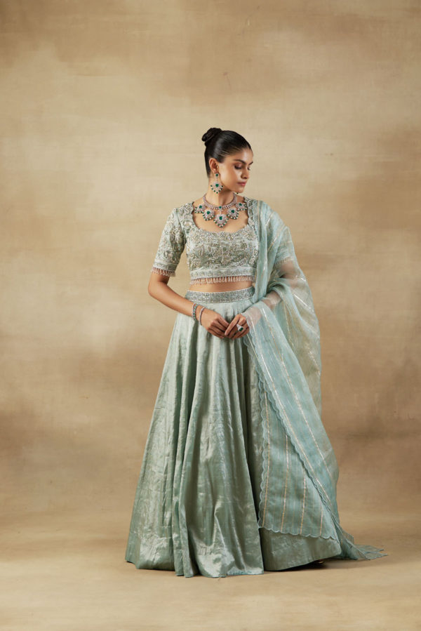 Tissue Padded Embroidered Blouse with Tissue Lehanga and Organza Dupatta with Gotta Work Black Thread Co Tissue Padded Embroidered Blouse with Tissue Lehanga and Organza Dupatta with Gotta Work Black Thread Co