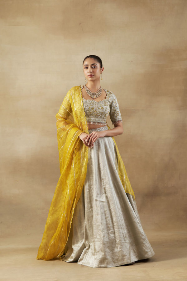 Tissue Padded Embroidered Blouse with Tissue Lehanga and Organza Dupatta with Gotta Work Black Thread Co Tissue Padded Embroidered Blouse with Tissue Lehanga and Organza Dupatta with Gotta Work Black Thread Co