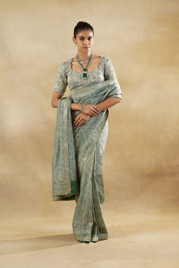 Tissue Embroidered Padded Blouse with Bandhani Tissue Saree Black Thread Co Tissue Embroidered Padded Blouse with Bandhani Tissue Saree Black Thread Co