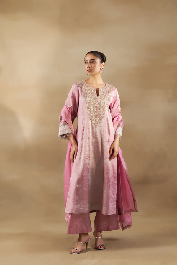Long Kalidaar Kurta with Tissue Multi Coloured Panels, Striped Banarasi Palazzo and Silk Dupatta Black Thread Co Long Kalidaar Kurta with Tissue Multi Coloured Panels, Striped Banarasi Palazzo and Silk Dupatta Black Thread Co