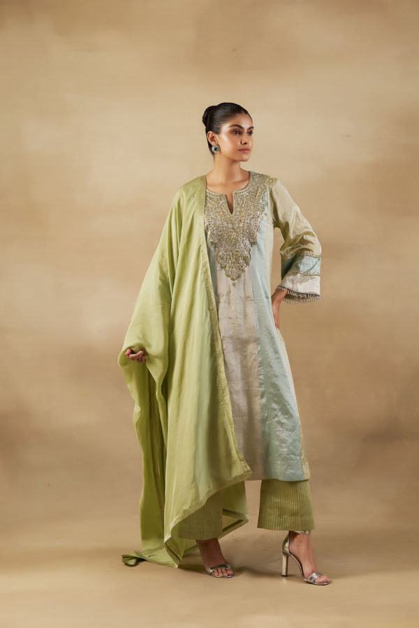 Long Kalidaar Kurta with Tissue Multi Coloured Panels, Striped Banarsi Palazzo and a Silk Dupatta Black Thread Co Long Kalidaar Kurta with Tissue Multi Coloured Panels, Striped Banarsi Palazzo and a Silk Dupatta Black Thread Co