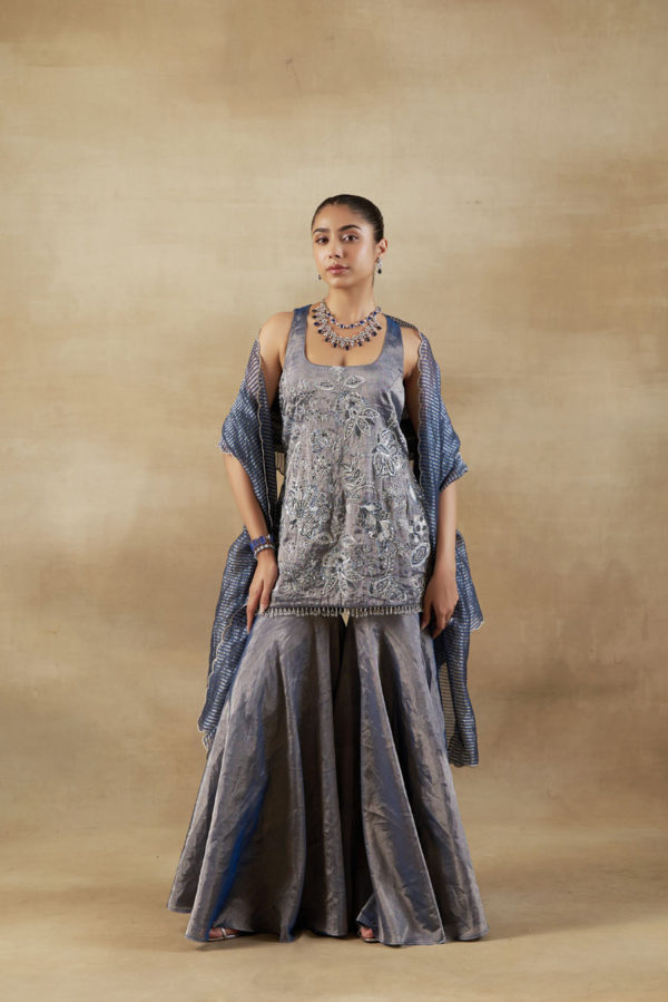Short Shirt and Garara in Tissue with Garden Theme Embroidery and a Striped Banarsi Dupatta Black Thread Co