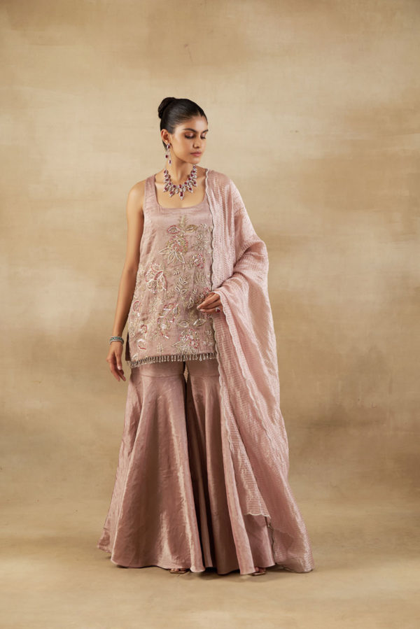 Short Shirt and Garara in Tissue with Garden Theme Embroidery and a Striped Banarasi Dupatta Black Thread Co Short Shirt and Garara in Tissue with Garden Theme Embroidery and a Striped Banarasi Dupatta Black Thread Co