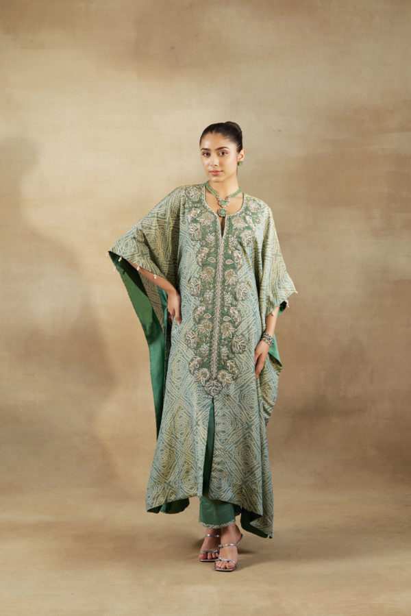 Bandhani Tissue Embroidered Kaftan with Silk Pants Black Thread Co