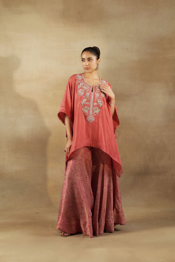 Short Silk Embroidered Kaftan with Tissue Bandhani Garara Black Thread Co Short Silk Embroidered Kaftan with Tissue Bandhani Garara Black Thread Co