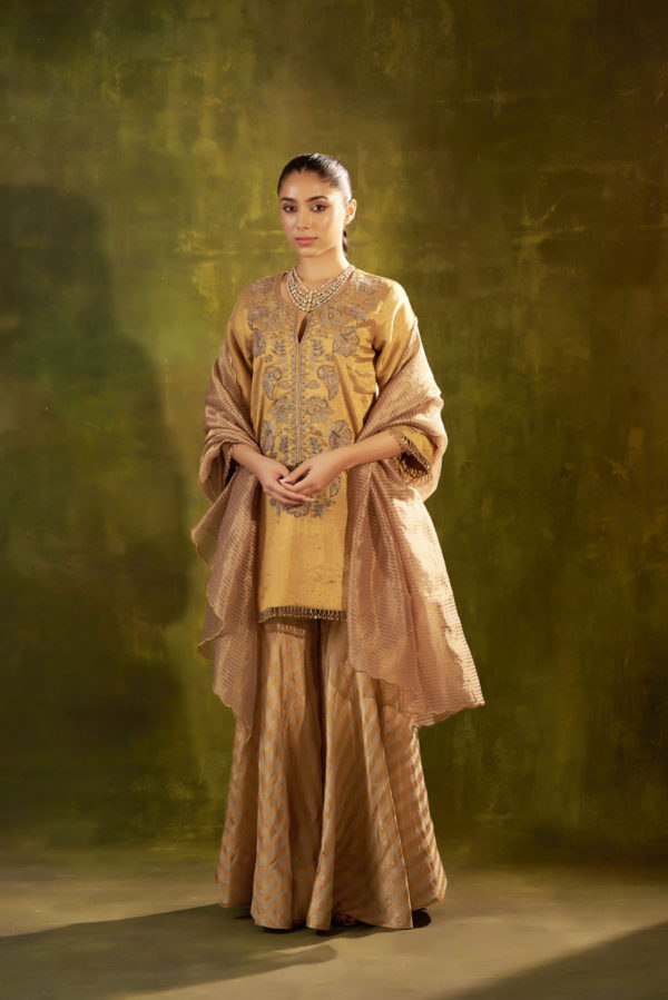 Short Shirt and Check Garara in Tissue with Garden Theme Embroidery and a Striped Banarasi Dupatta Black Thread Co Short Shirt and Check Garara in Tissue with Garden Theme Embroidery and a Striped Banarasi Dupatta Black Thread Co