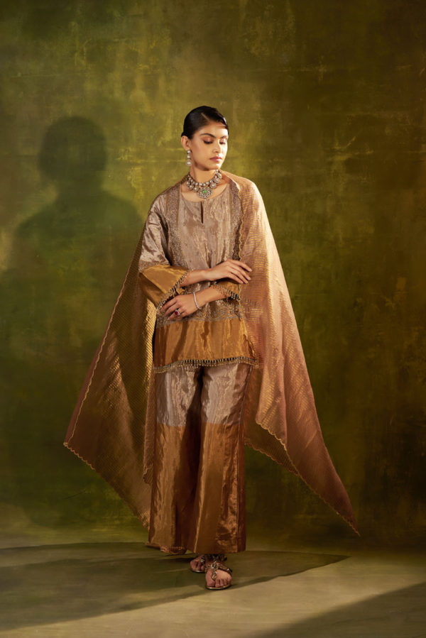 Short Shirt and Pallazo Pants in Tissue with Striped Banarasi Dupatta Black Thread Co Short Shirt and Pallazo Pants in Tissue with Striped Banarasi Dupatta Black Thread Co