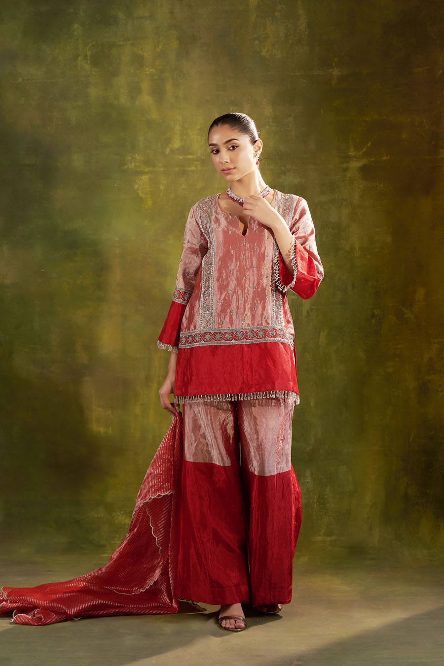 Short Shirt and Garara in Tissue with Garden Theme Embroidery and a Striped Banarsi Dupatta Black Thread Co 2