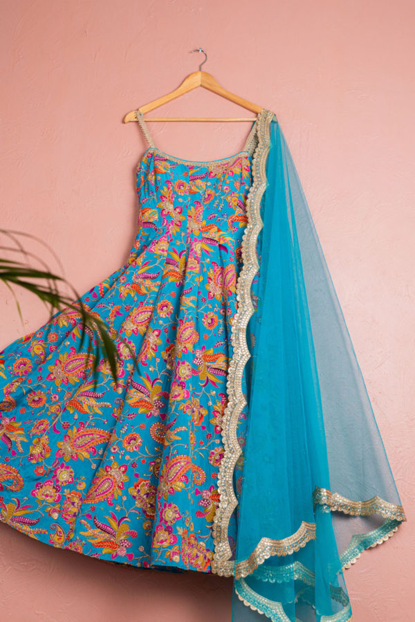Cerulean Blue Floral Bloom Anarkali Set Black Thread Co Cerulean Blue Floral Bloom Anarkali Set Black Thread Co
