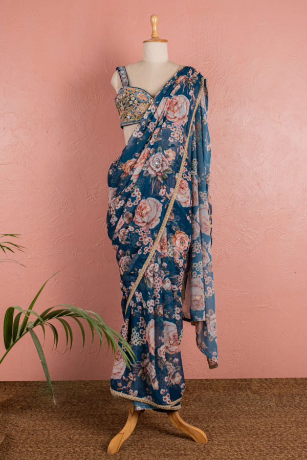 Bahama Blue Floral Saree With Embroidered Blouse Black Thread Co Bahama Blue Floral Saree With Embroidered Blouse Black Thread Co