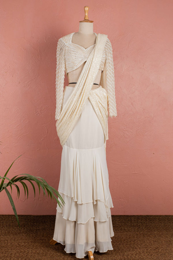 Offwhite Pearl Stitched Saree Black Thread Co Offwhite Pearl Stitched Saree Black Thread Co