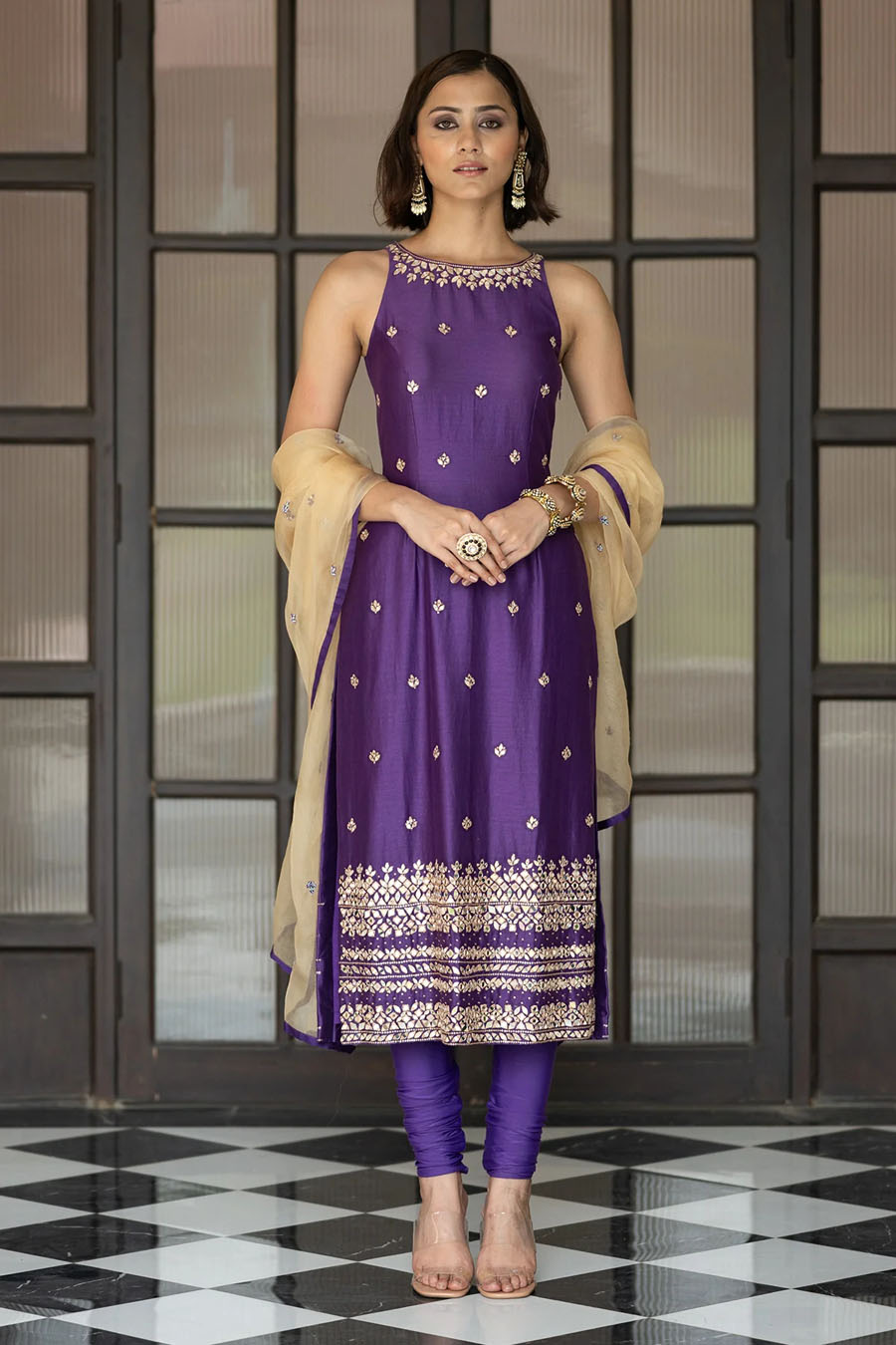 Peach Chanderi Lehenga Set Black Thread Co 2