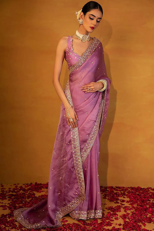 Lavender Organza Saree Black Thread Co Lavender Organza Saree Black Thread Co