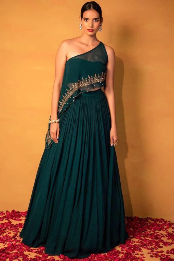 Emerald Green Lehenga Set with Embellished Cape Black Thread Co