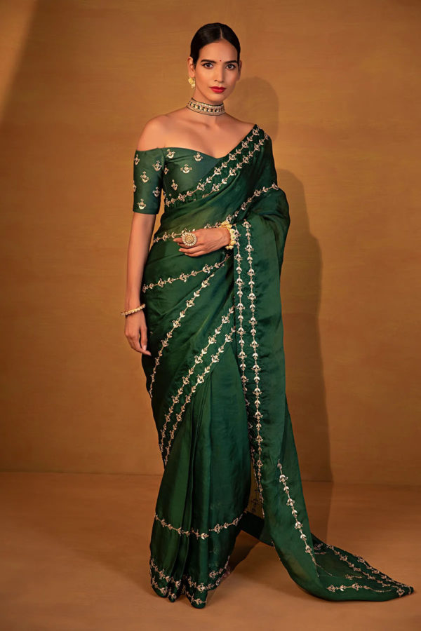 Dark Green Organza Saree Black Thread Co