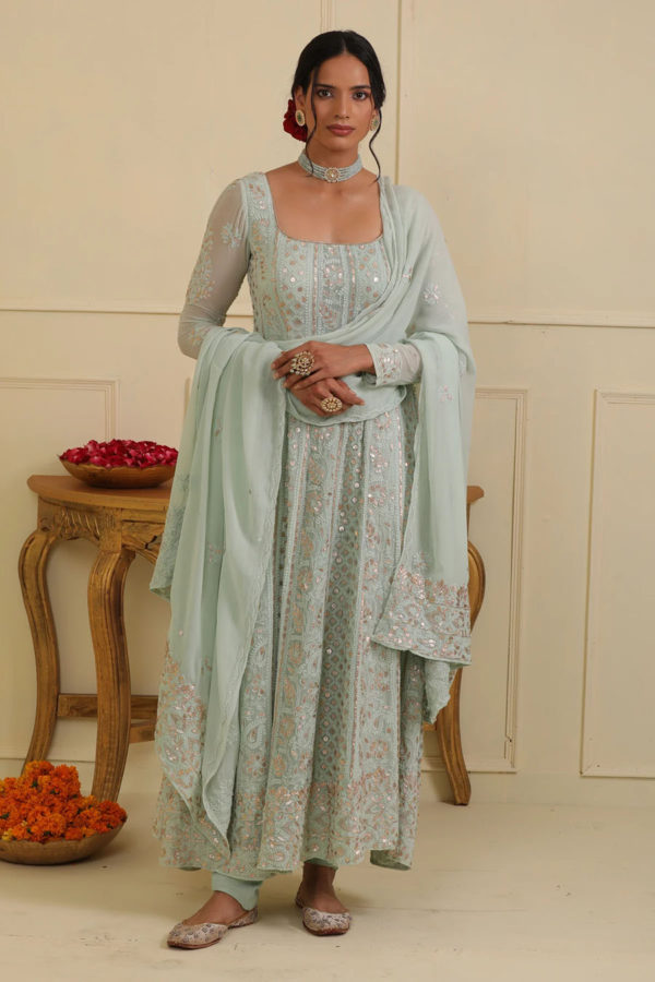 Ice Blue Chikankari Anarkali Set Black Thread Co