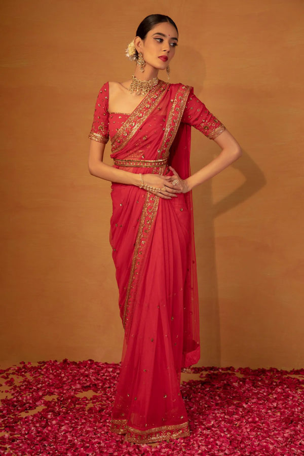 Red Net Saree Set Black Thread Co Red Net Saree Set Black Thread Co