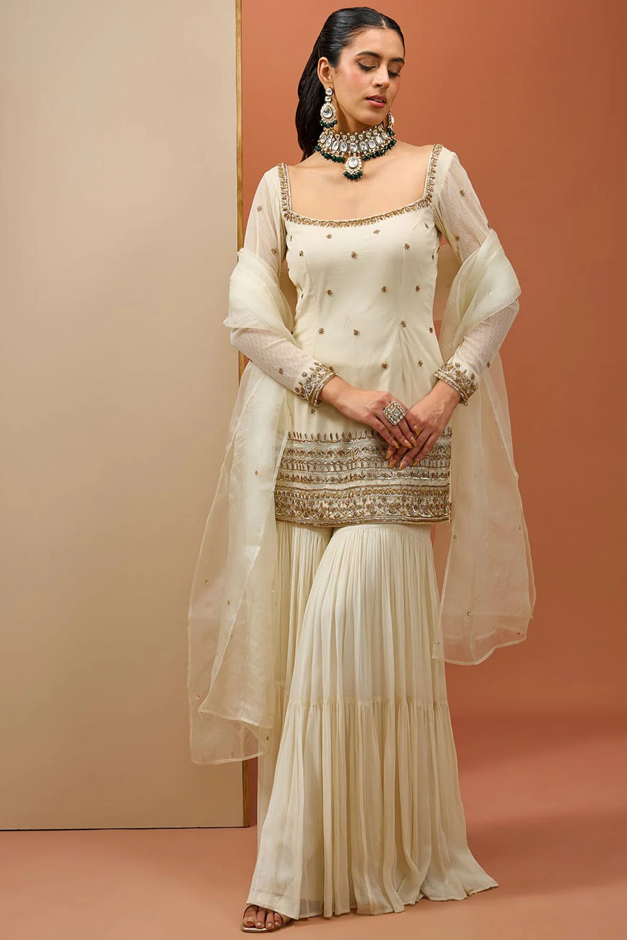 Off White Kurta & Mehendi Green Sharara Black Thread Co 3