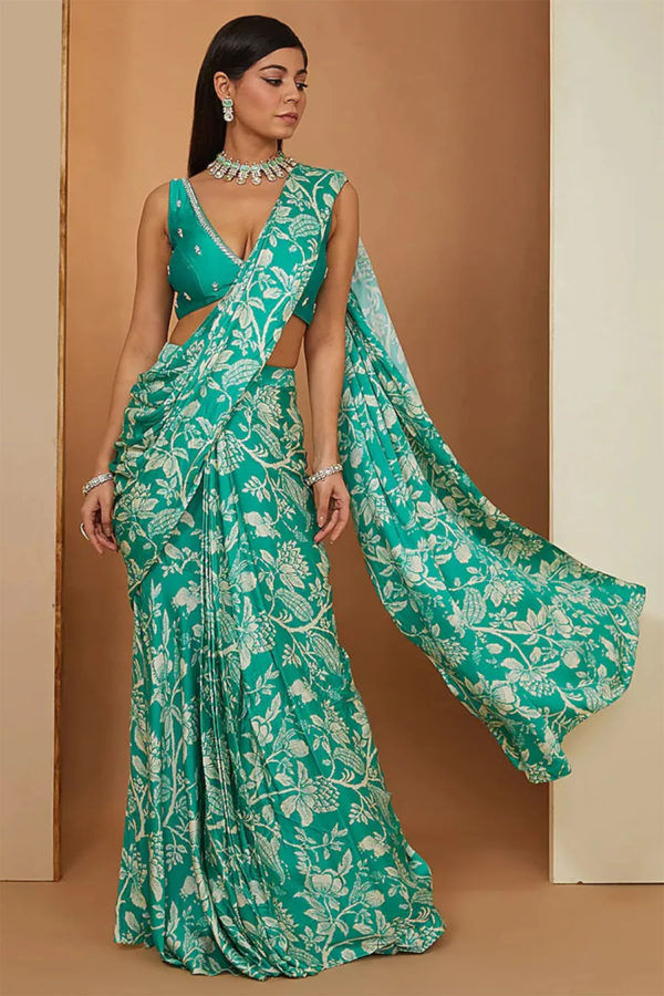 Teal Printed Draped Saree Black Thread Co