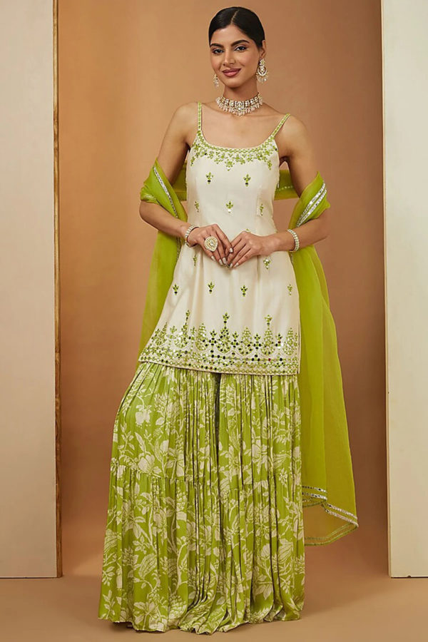 Off White Kurta & Mehendi Green Sharara Black Thread Co Off White Kurta & Mehendi Green Sharara Black Thread Co