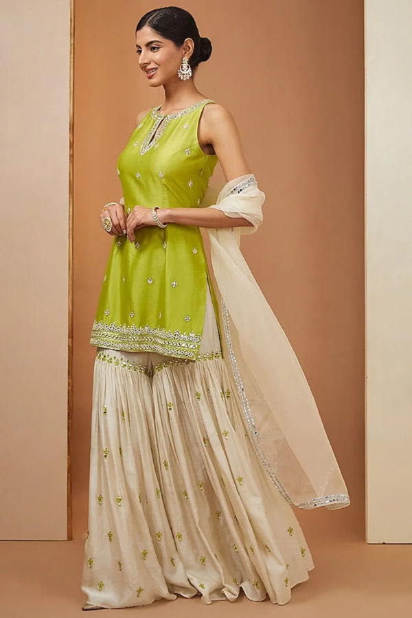 Mehendi Green Kurta & Off White Sharara Black Thread Co