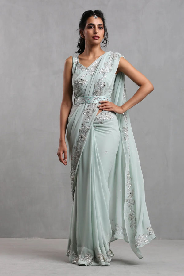 Ice Blue Gota Work Organza Draped Saree Black Thread Co