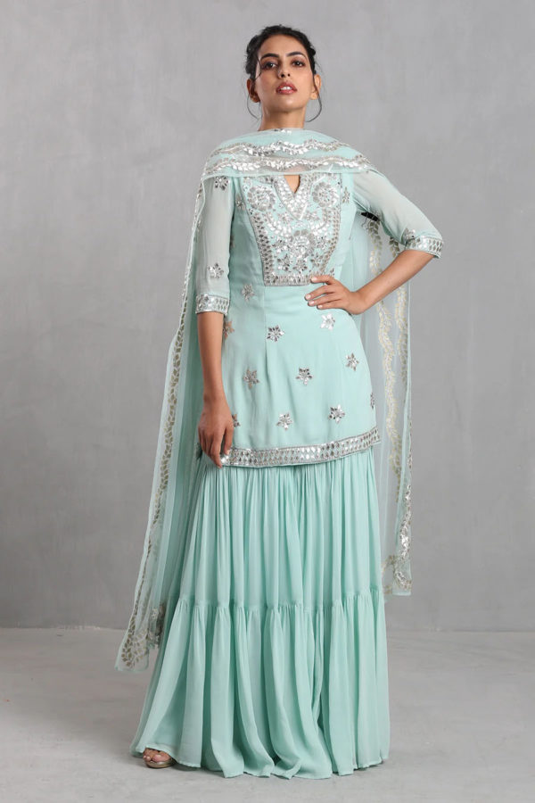 Aqua Blue Embroidered Sharara Set Black Thread Co