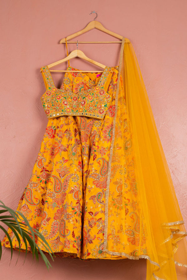 Yellow Bloom Printed Lehenga Set Black Thread Co