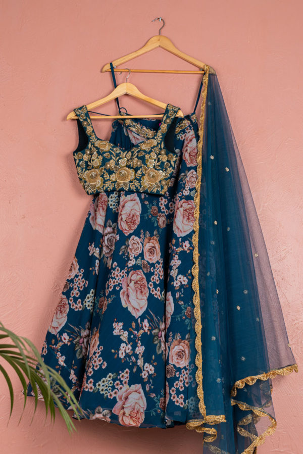 Bahama Blue Floral Georgette Lehenga With Full Embroidered Gold Blouse Set Black Thread Co Bahama Blue Floral Georgette Lehenga With Full Embroidered Gold Blouse Set Black Thread Co