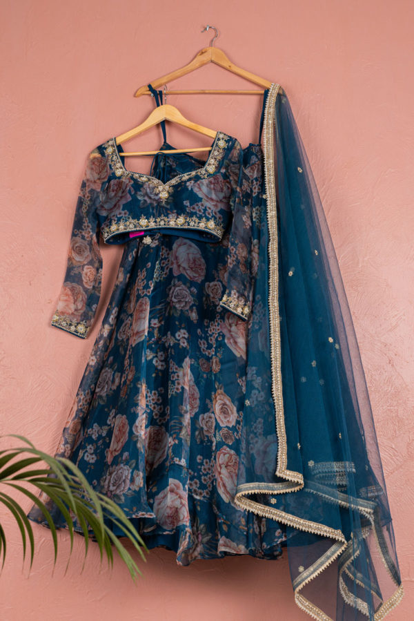 Bahama Blue Floral Organza Lehenga With Organza Blouse Set Black Thread Co Bahama Blue Floral Organza Lehenga With Organza Blouse Set Black Thread Co