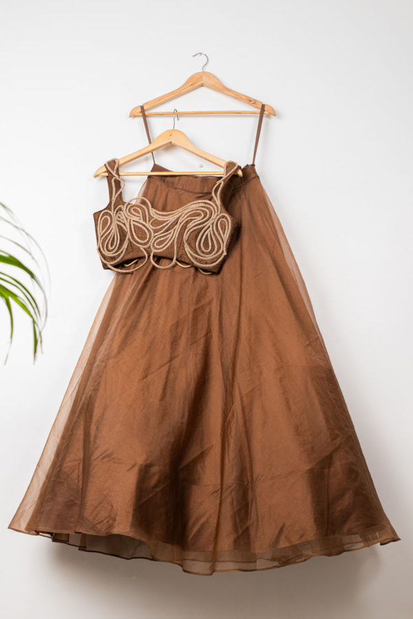 Brown Lehenga With Corded Blouse & Organza Dupatta Black Thread Co Brown Lehenga With Corded Blouse & Organza Dupatta Black Thread Co