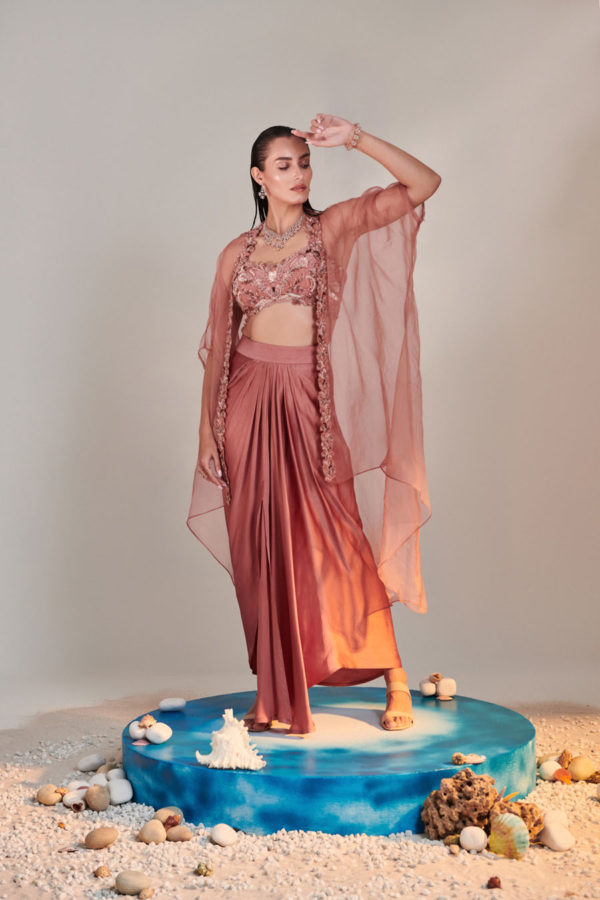 Salmon Pink Silk Satin Drape Skirt With Cape and Blouse Black Thread Co Salmon Pink Silk Satin Drape Skirt With Cape and Blouse Black Thread Co