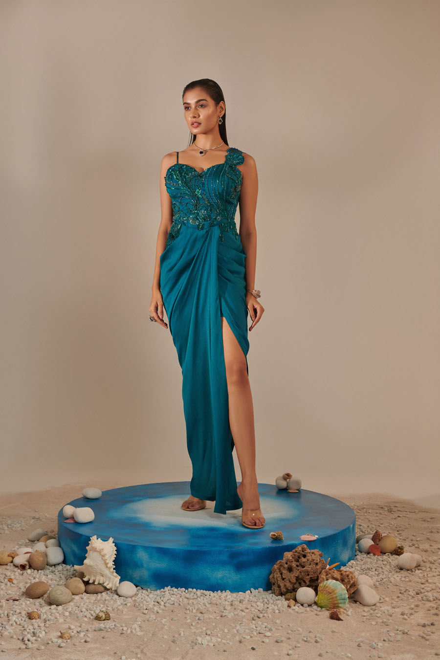 Teal One Shoulder Drape Gown Hand Embroidered 3d Shells At Waist 3 Hand Embroidered Chains At The Sleeve Asymmetric Open Drape Sleeve Black Thread Co 3