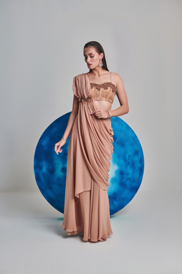 Beige Flared Pre-Stitch Drape Saree With Blouse Black Thread Co 3 Beige Flared Pre-Stitch Drape Saree With Blouse Black Thread Co 3