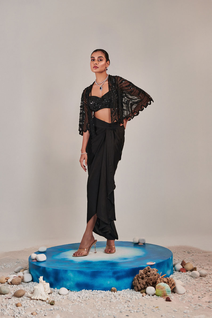 Hand Embroidered Scallop On Shoulder Corset Fit Top Bustier And Kalidar Fitted Skirt Black Thread Co 2