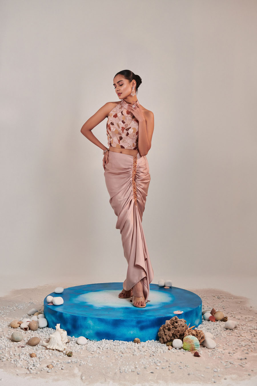 Nudish Pink Gradient Hand Embroidered Cutwork Detail Drape Gown Side Drawstring  Tie-down Black Thread Co 2