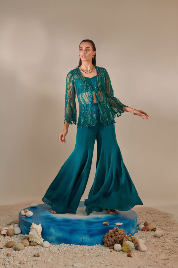 Teal Kalidar Sharara With Jacket and Bustier Black Thread Co Teal Kalidar Sharara With Jacket and Bustier Black Thread Co