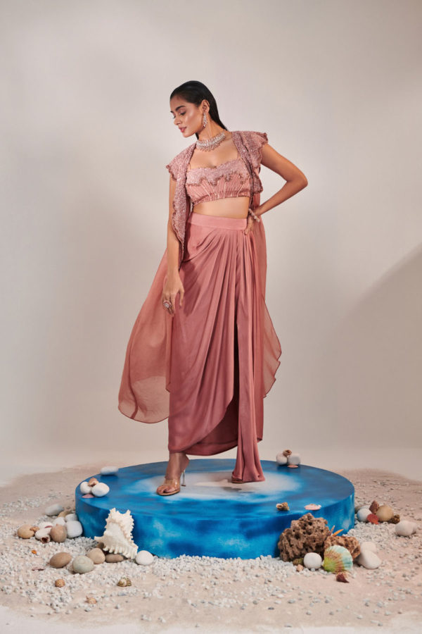 Salmon Pink Silk Satin Skirt With Cape And Blouse Black Thread Co Salmon Pink Silk Satin Skirt With Cape And Blouse Black Thread Co