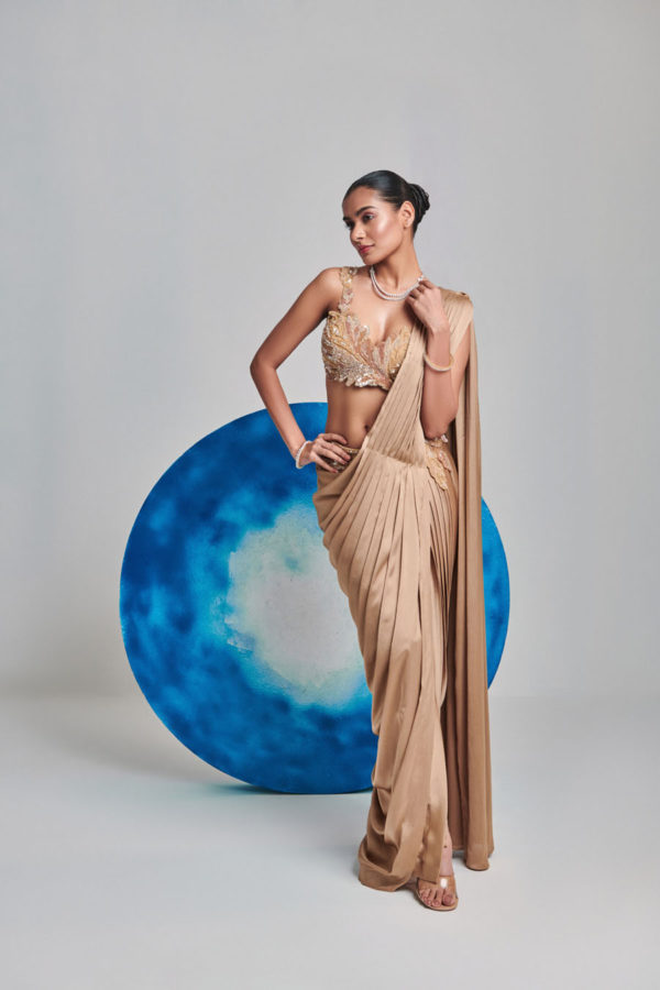 Champagne Gold Pre-Stitch Hand Pleated Drape Saree With Blouse Black Thread Co Champagne Gold Pre-Stitch Hand Pleated Drape Saree With Blouse Black Thread Co