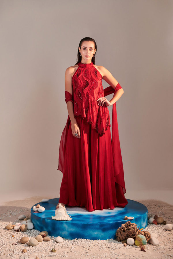 Scarlet Red Flared Sharara With Tunic Black Thread Co Scarlet Red Flared Sharara With Tunic Black Thread Co