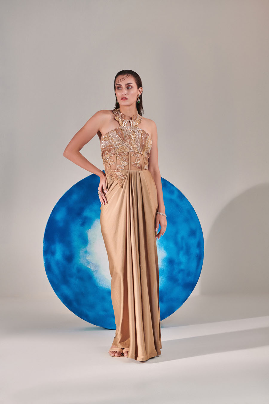 Champagne Gold Pre-Stitch Hand Pleated Drape Saree Set Cutwork Blouse Black Thread Co 3