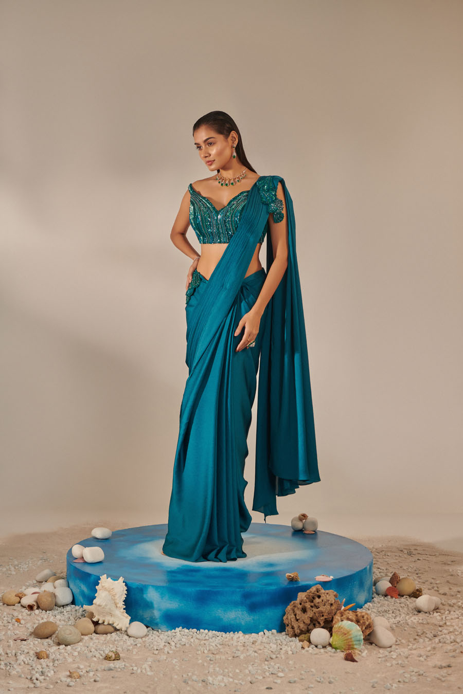 Teal One Shoulder Drape Gown Hand Embroidered 3d Shells At Waist 3 Hand Embroidered Chains At The Sleeve Asymmetric Open Drape Sleeve Black Thread Co 2