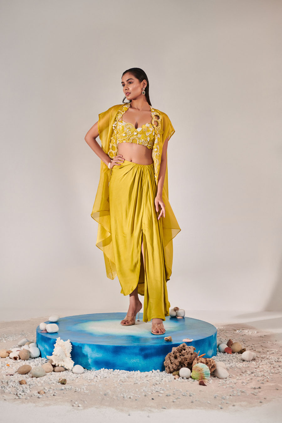 Satin Organza Cape And Fitted Sleeveless Jacket And Drape Skirt Set Hand Embroidered In Lime Yellow Shade Black Thread Co 3