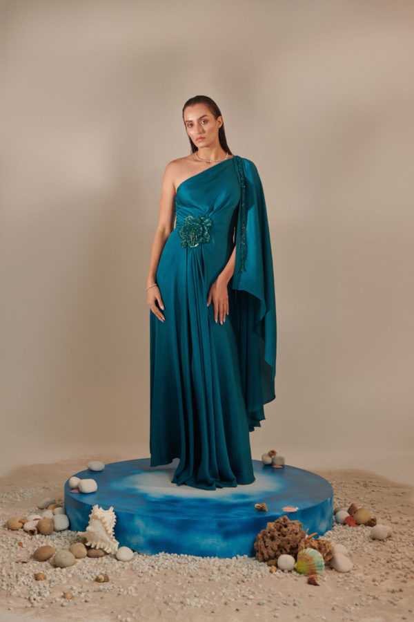 Teal One Shoulder Drape Gown Black Thread Co Teal One Shoulder Drape Gown Black Thread Co